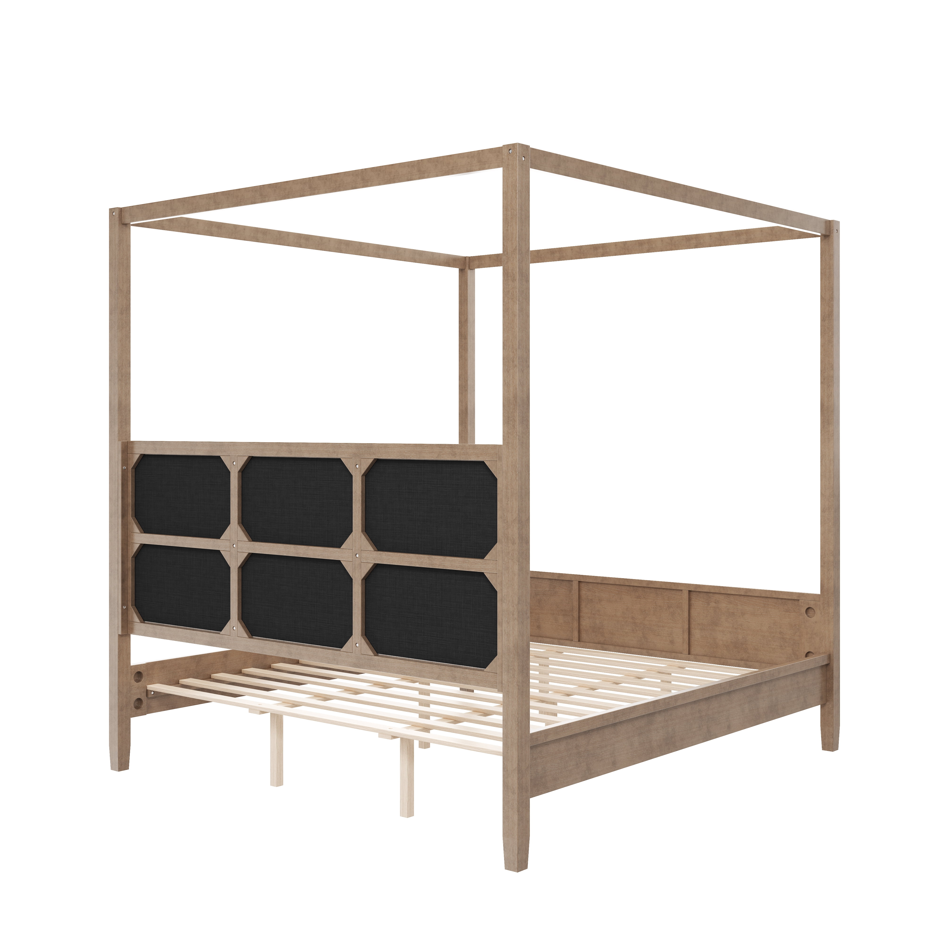 Euroco Wood King Size Canopy Bed with Upholstery Headboard, Modern Platform Bed, No Spring Box Needed, Natural