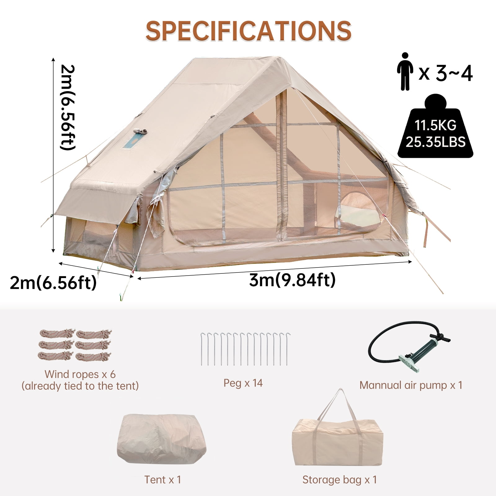 Waldmate Inflatable Camping Tent for 3-4 Person, Glamping Tent with Stove Jack Hand Pump, Oxford Waterproof Blow up Tent with Mesh Windows & Door