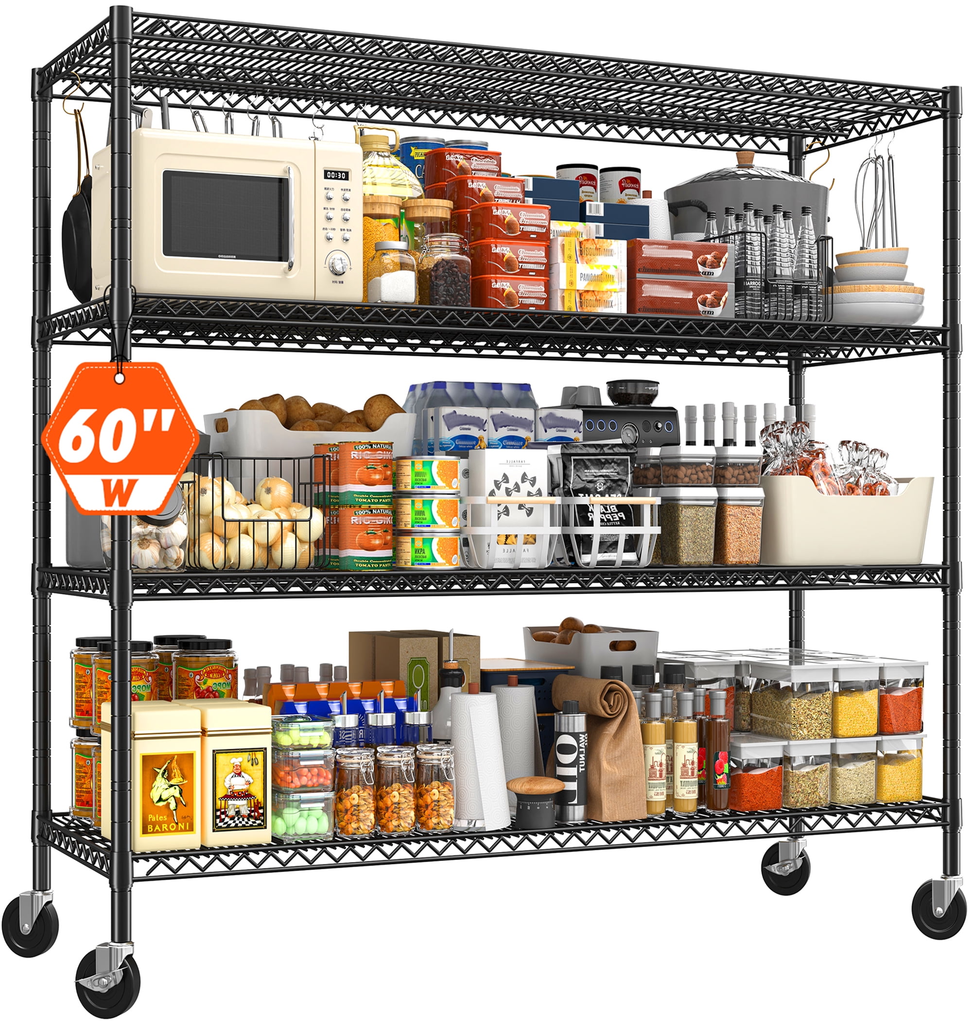 REIBII 60"W x 24"D x 65.3"H Wire Shelving 4 Shelf Storage Shelves with Wheels,2400lbs Total Capacity