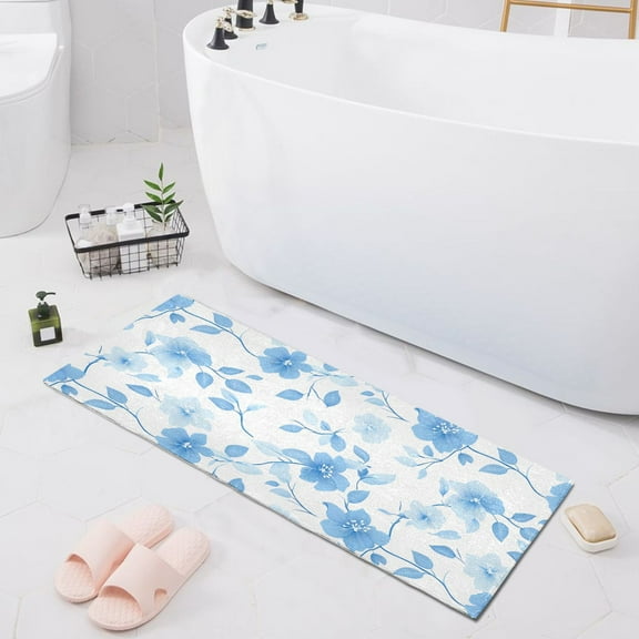 Blue Flower and Leaf Bath Mat 39x20 Non-Slip Bathroom Rugs Absorbent Soft Plush Quick Dry for Tub Shower Kitchen Home Decor