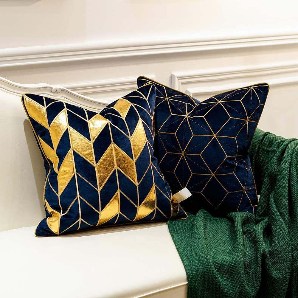 Htooq 18 X 18 Inches Navy Blue Gold Plaid Cushion Case Luxury European Throw Pillow Cover Decorative Pillow For Couch Living Room Bedroom Car 11.14 X