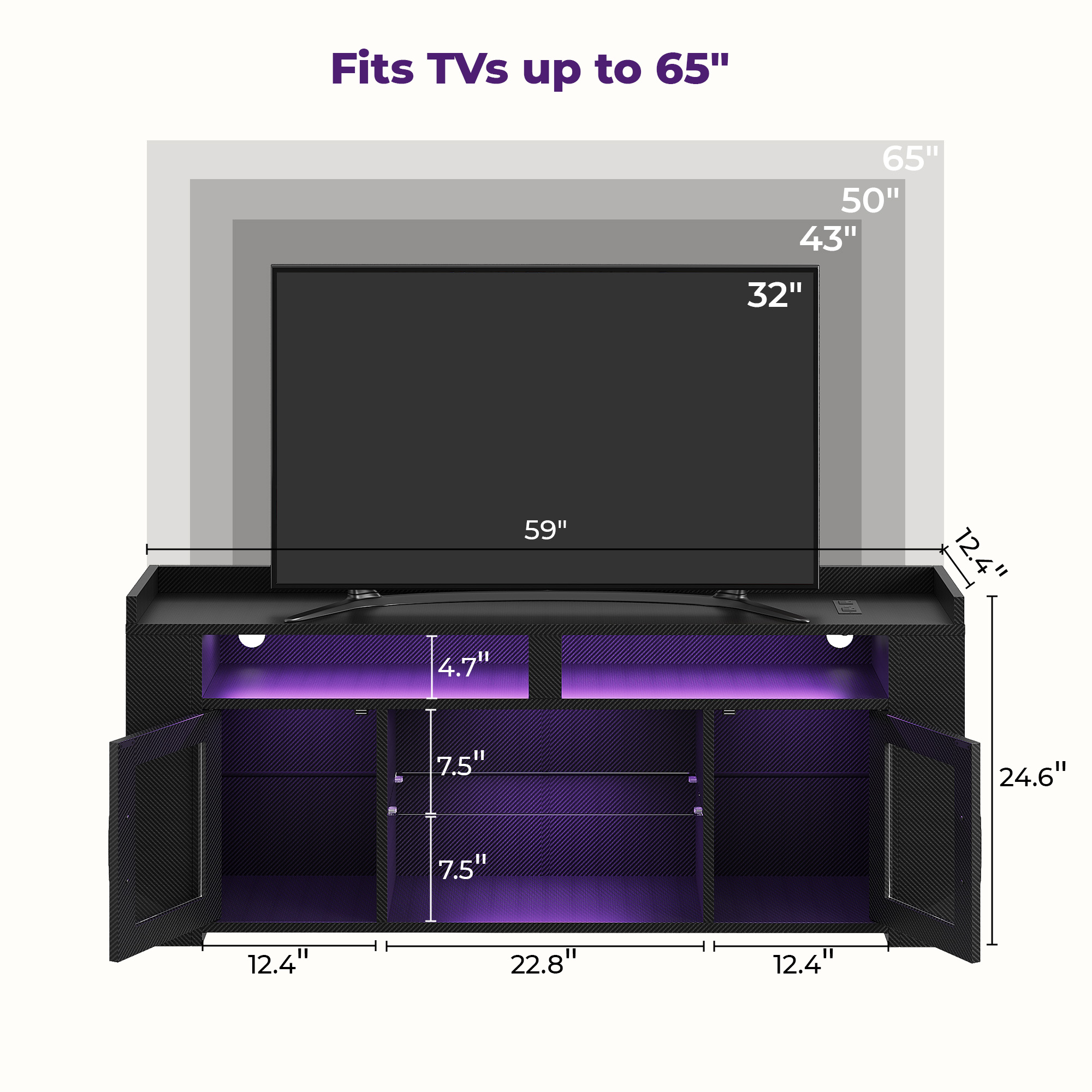 IRONCK LED TV Stand for 65 inch TV, Entertainment Center with Power Outlet and Storage Cabinet, TV Media Console for Living Room, Black