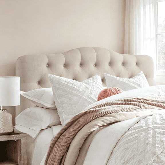 Adjustable Heigh Headboard with Linen Upholstery and Button Tufting for Bedroom,King,Natural Linen