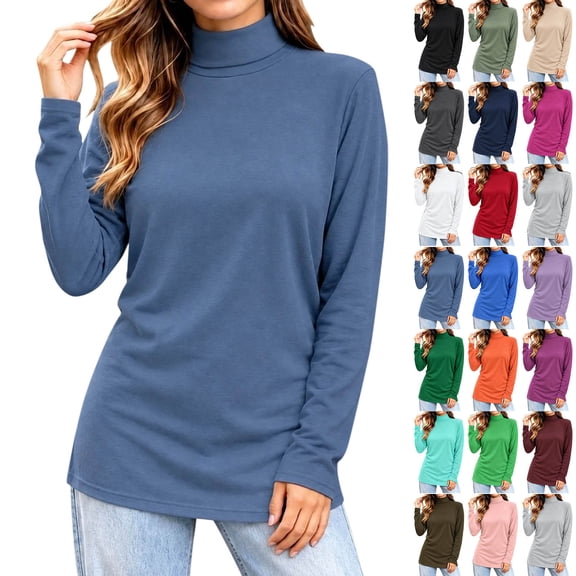 Hvogkswy Plus Size Long Sleeve Shirts for Women Fall Casual Turtleneck Top Soft Stretch Solid Color Basic Top
