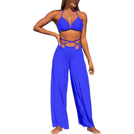 JIANJIA Womens Swimsuits Solid Color Halter Brassiere With Thongs Long Mesh Pants Beach Swimsuit Three Piece Tankinis Swimwears Bathing Suits Blue Xl