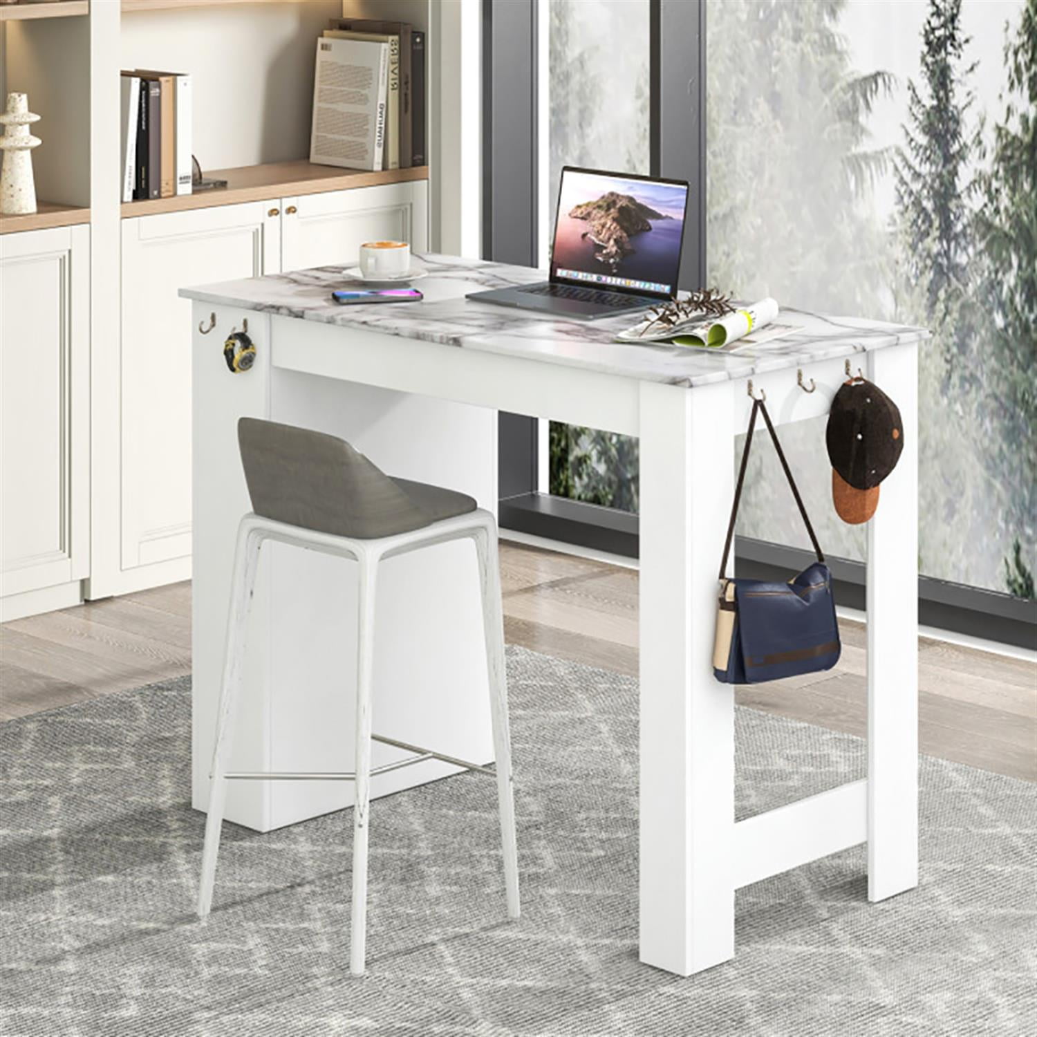 Demi Bonn 47" Faux Marble Pub Table, Modern High Top Bar Table with 7 Hanging Hooks Compartment, Perfect for Small Space, White