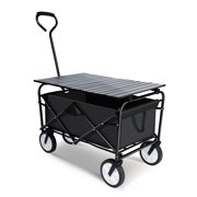Heavy Duty Portable Folding Wagon And Collapsible Aluminum Alloy Table Combo Utility Outdoor Camping Cart With Universal Anti-Slip Wheels & Adjustable Handle Along With Metal Board Desktop, Black