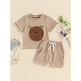 thumbnail image 2 of CIYCuIT Toddler Baby Boys Summer Outfits 6M 12M 18M 24M 3T Short Sleeve Fuzzy Bear Embroidered T-shirt with Elastic Waist Shorts 2Pcs Infant Casual Shorts Sets, 2 of 9