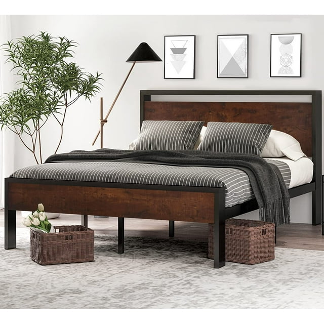 SHA CERLIN - Cama de metal de 35,5 cm con plataforma y cabecero de madera, base de colchon, sin somier, amplio espacio de almacenamiento, antideslizante y silenciosa, color caoba