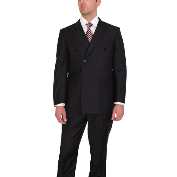 Classic Fit Double Breasted Solid Black Wool Suit