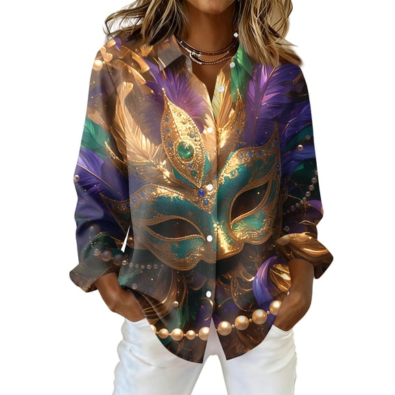 Mardi Gras Top Women Stretch Casual Button Down Long Sleeve Collared Blouse Regular Fit Shirt