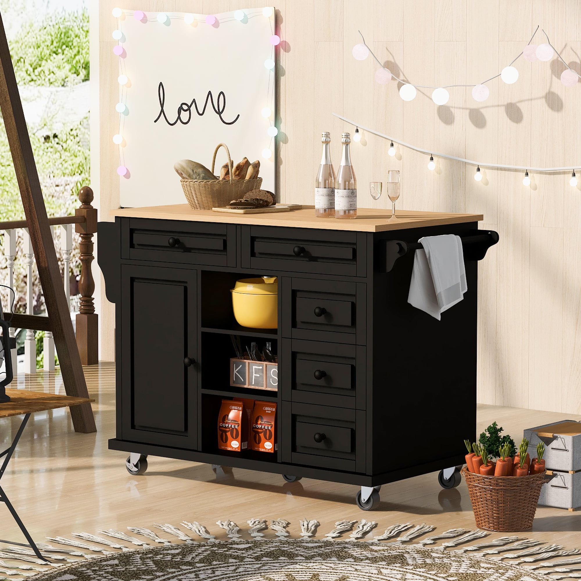 DEALTOPS Kitchen cart with Rubber wood desktop rolling mobile kitchen island with storage and 5 drawer 53 Inch length-Black