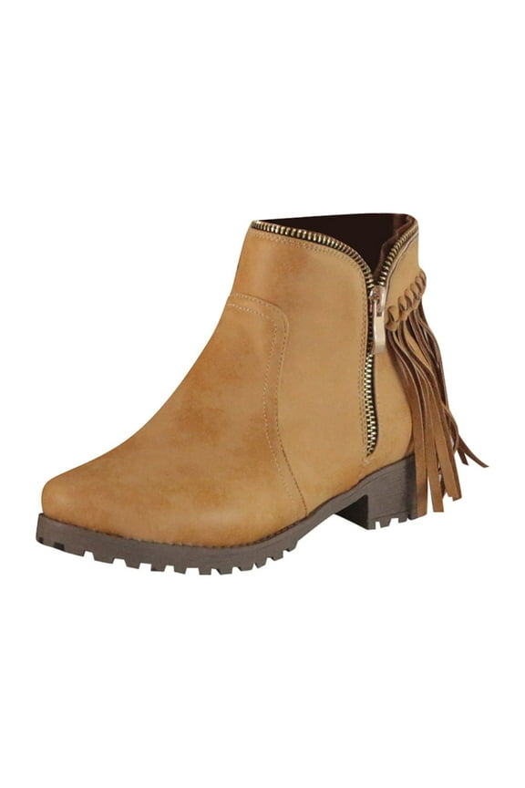 Women's Comfortable Retro Tassel Side Zipper Low Heeled Round Toe Boots