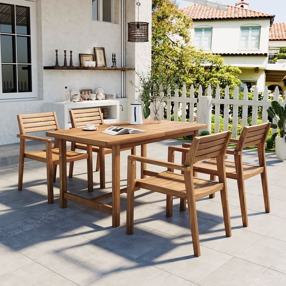 YIYADO 5-Piece Outdoor Acacia Wood Dining Set, 59.06" Rectangular Table with Umbrella Hole, Patio Furniture for Garden, Lawn, Poolside and Indoor Use