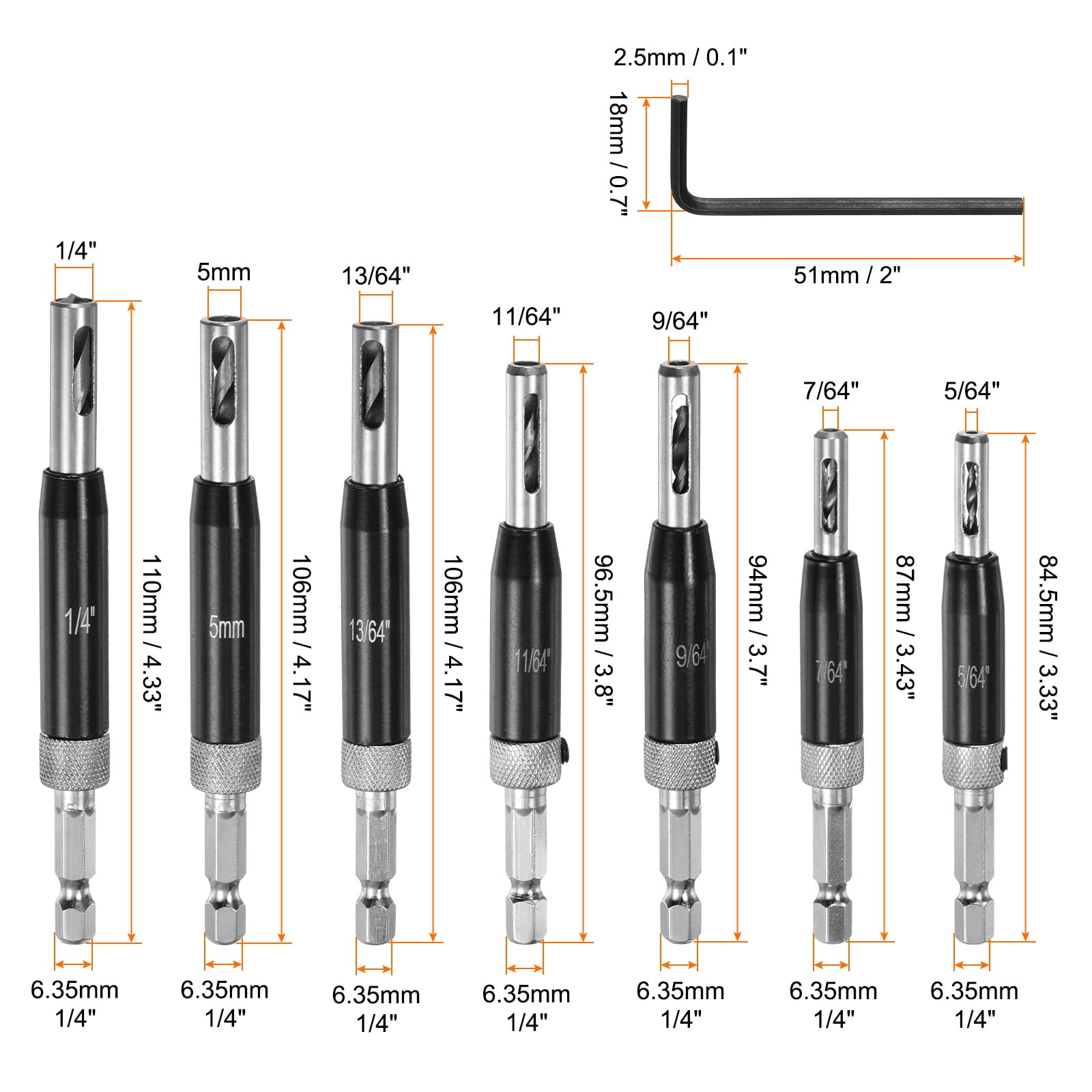 Uxcell 7pack Self Centering Drill Bit Set 5/64-1/4" 5mm, 1/4" Hex Shank Drilling Bits for Wood Working,Hinge , Black