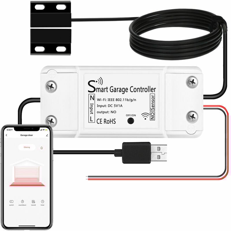 

WiFi Connected Garage Door Opener WiFi Smart Garage Door Switch Compatible with Google Home Remote Controlled Timer and Sharing Function by Free APP
