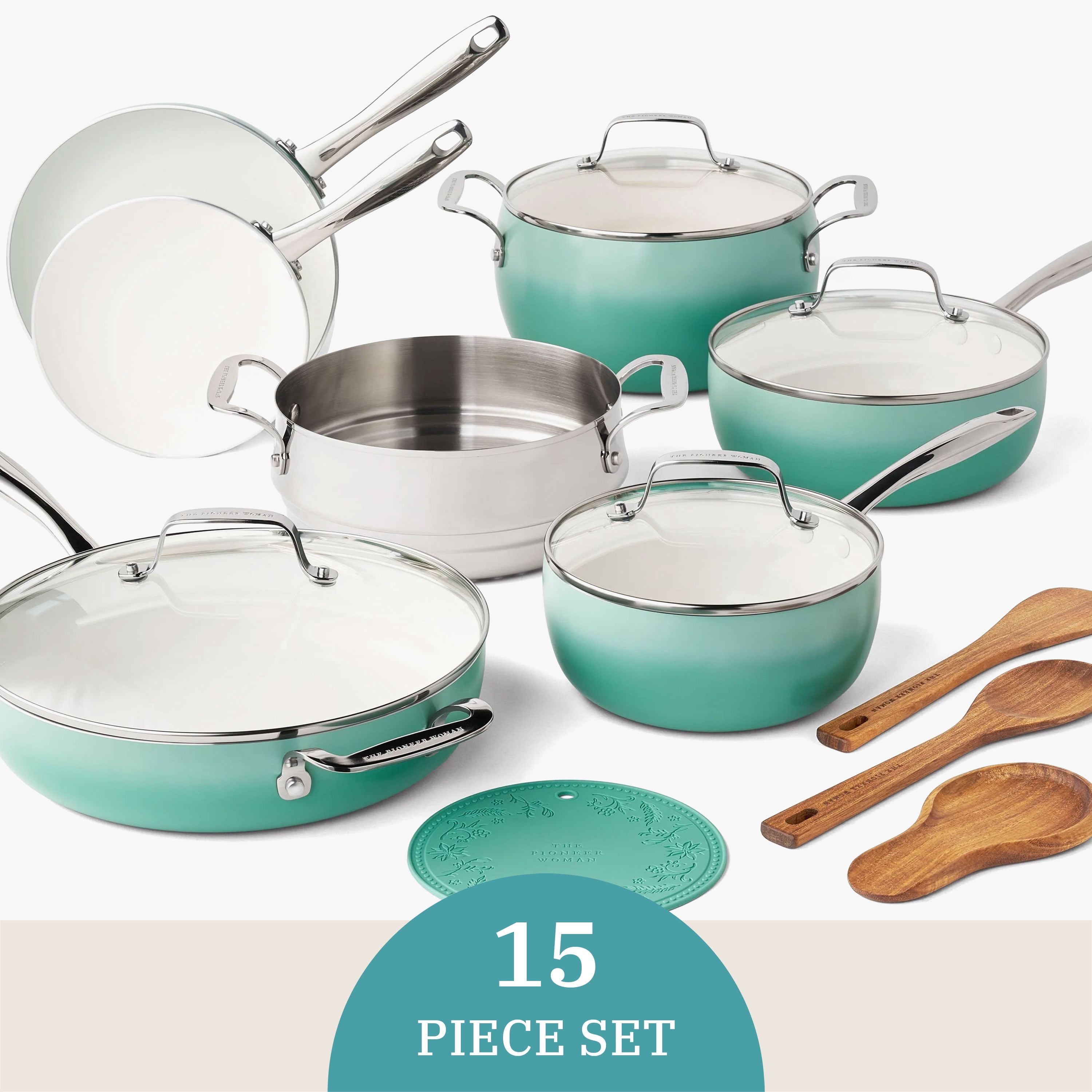 The Pioneer Woman Harlow 15-Piece Cookware Set, Ceramic Non-Stick Pots and Pans Set, Green