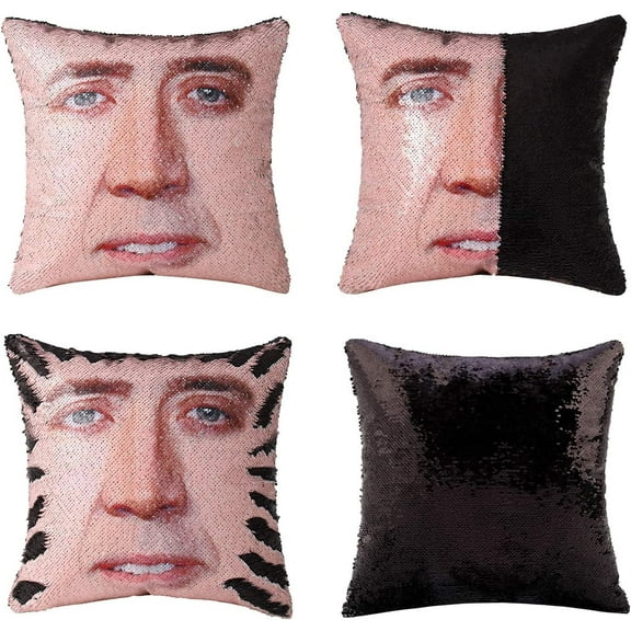 Nicolas Cage Sequin Throw Pillow Cover Magic Reversible Funny Sequin Pillow Case Decorative Cushion Cover 16x16 Inches (Black)