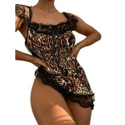 Angle View: GirarYou Women's Sexy Lingerie Crotchless Leotard Nightwear Lace Miniskirt Babydoll Plus Size, Leopard Print Lace-Trim Cropped Dress Lingerie
