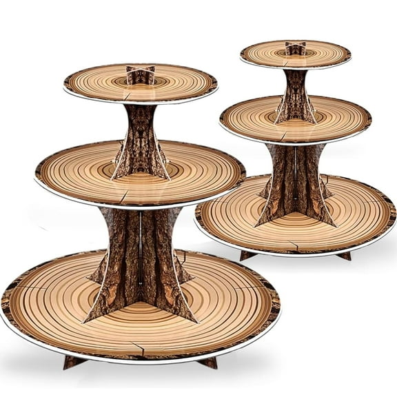 2 Pack Rustic Wood Cupcake Stand for Party, 3-Tier Cardboard Cupcake Tower Holder for Baby Shower, Birthday, Camping, Safari Theme, Woodland Party Decorations, Dessert Display Tray (Wood Grain Look)