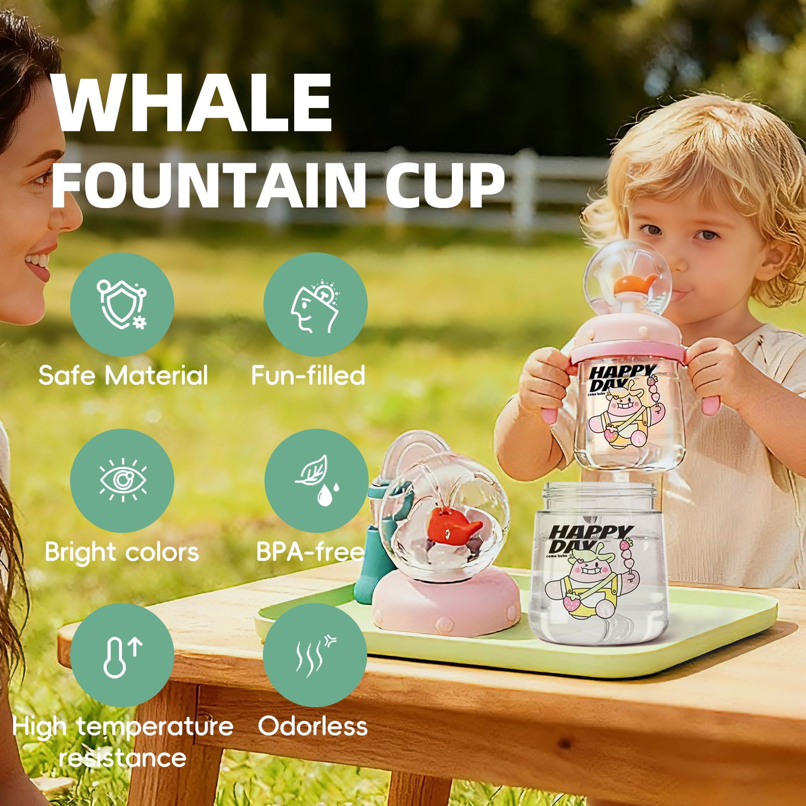 Comobebe Whale Fountain Cup for Kids Toddlers: 10oz/300ml Spill Proof Toddler Sippy  with Handle & Strap, Bpa-Free Forsippy Cups for Toddlers 1-3,Kids Water Bottle (Pink)
