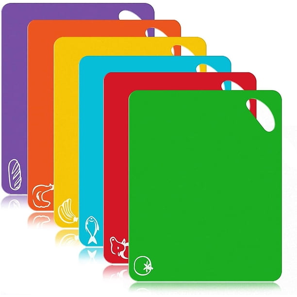 Tabla de cortar: nuevas tablas de cortar antideslizantes de plástico extragrueso de 6 piezas con íconos de alimentos y fáciles de colgar, aptas para lavavajillas, rojo, amarillo, azul, verde, naranja, morado Rojo Verde
