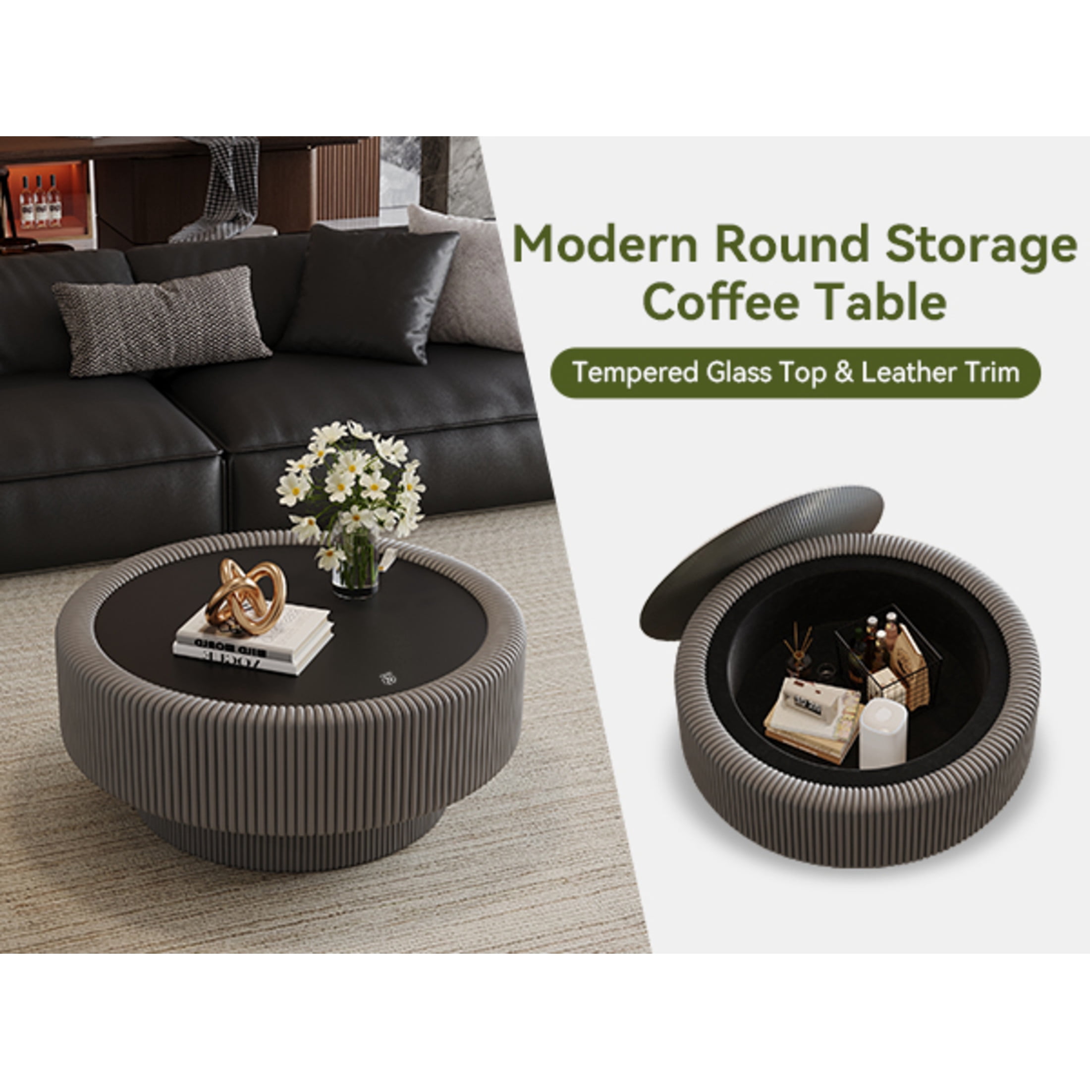 Noble House Morade 31.5" Fluted Round Storage Coffee Table with Glass Top & Leather Wrapped for Living Room, Gray