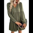 thumbnail image 2 of Vestidos Cortos de Larga para Mujer, Cuello en V, Informales, Holgados, con Vuelo, con , Estilo Bohemio para Vacaciones, para Otoño Verde M, 2 of 10