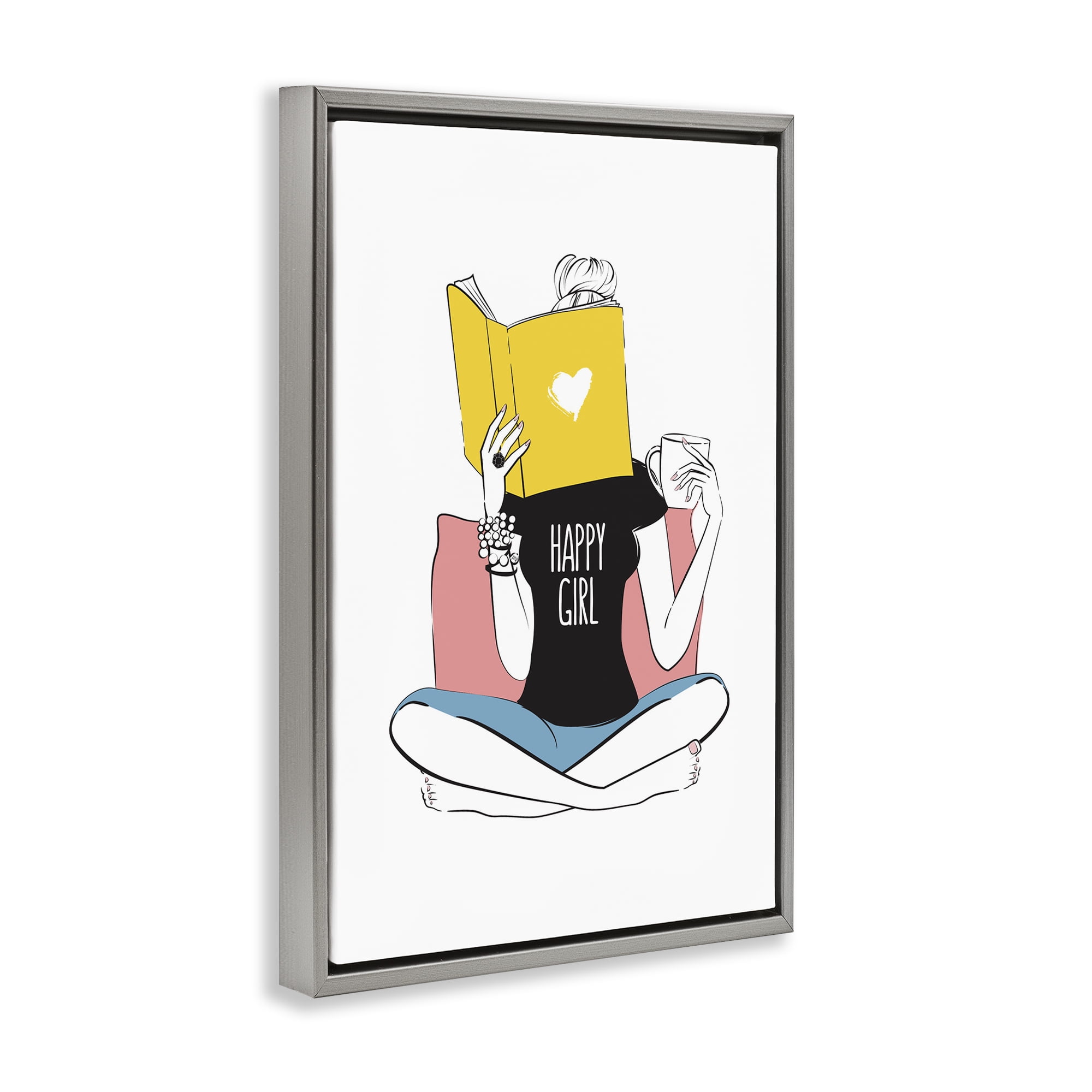 Stupell Industries Happy Reader Girl Novelty Painting Gray Floater Framed Art Print Wall Art, 21 x 31