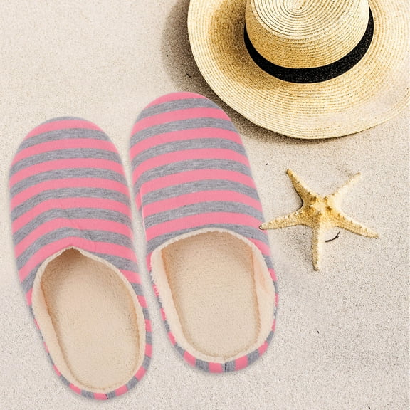 MLINS Unisex Indoor Slippers Warm Stripes Slippers Autumn Winter Cotton Slippers for Men Women - Size 38/39(Pink)