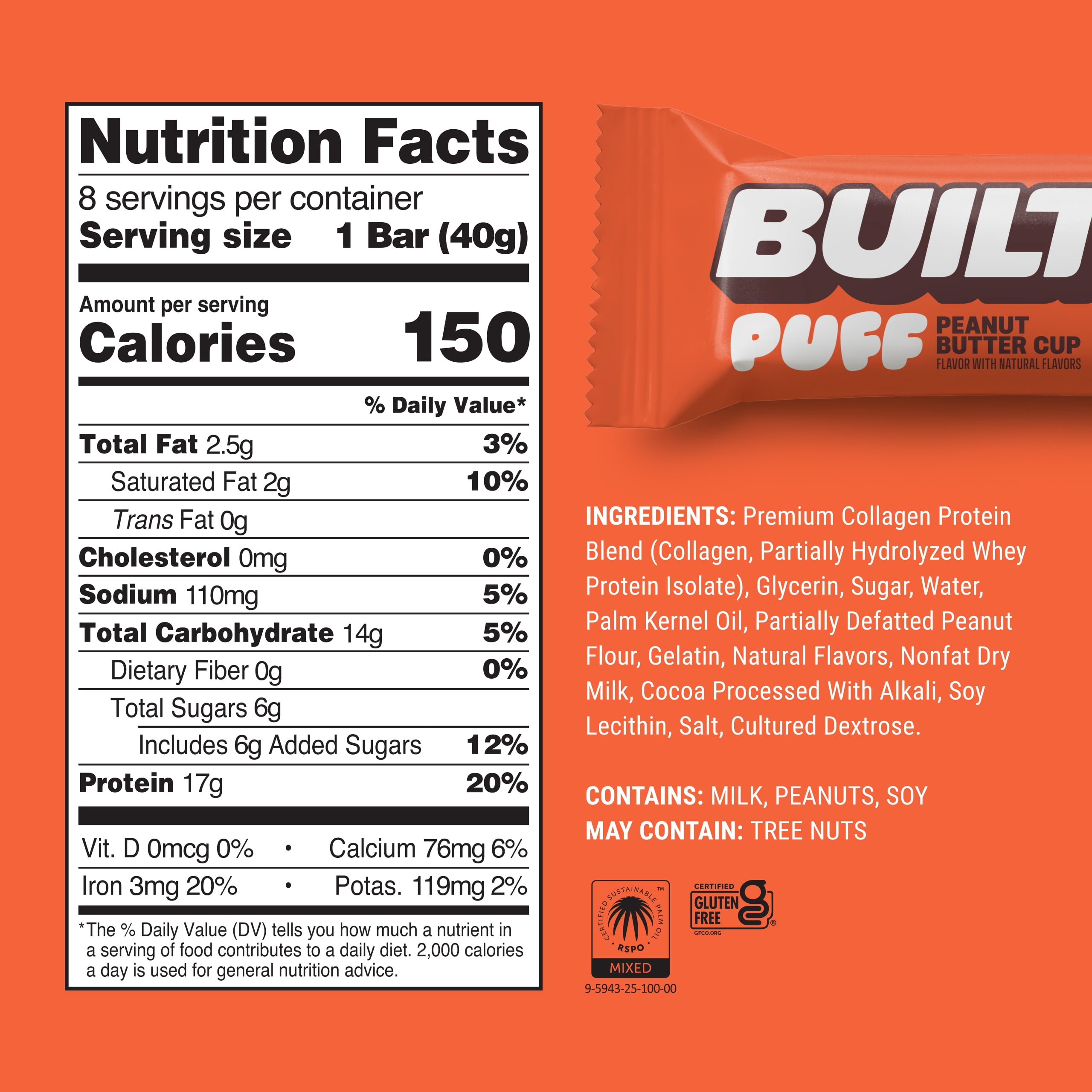 BUILT Puff Protein Bar, Peanut Butter Cup, 17g Protein, Collagen, 150 Calories, 8 Count Box, 1.41 oz Bars