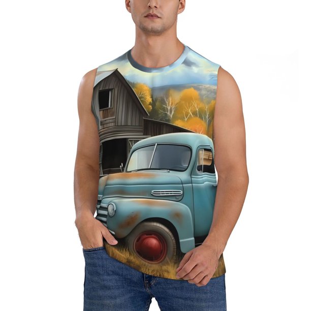 Balery Vintage Truck Farm Scene Camisetas sin mangas para hombre, absorbe la humedad y protege contra el mal olor.-Large