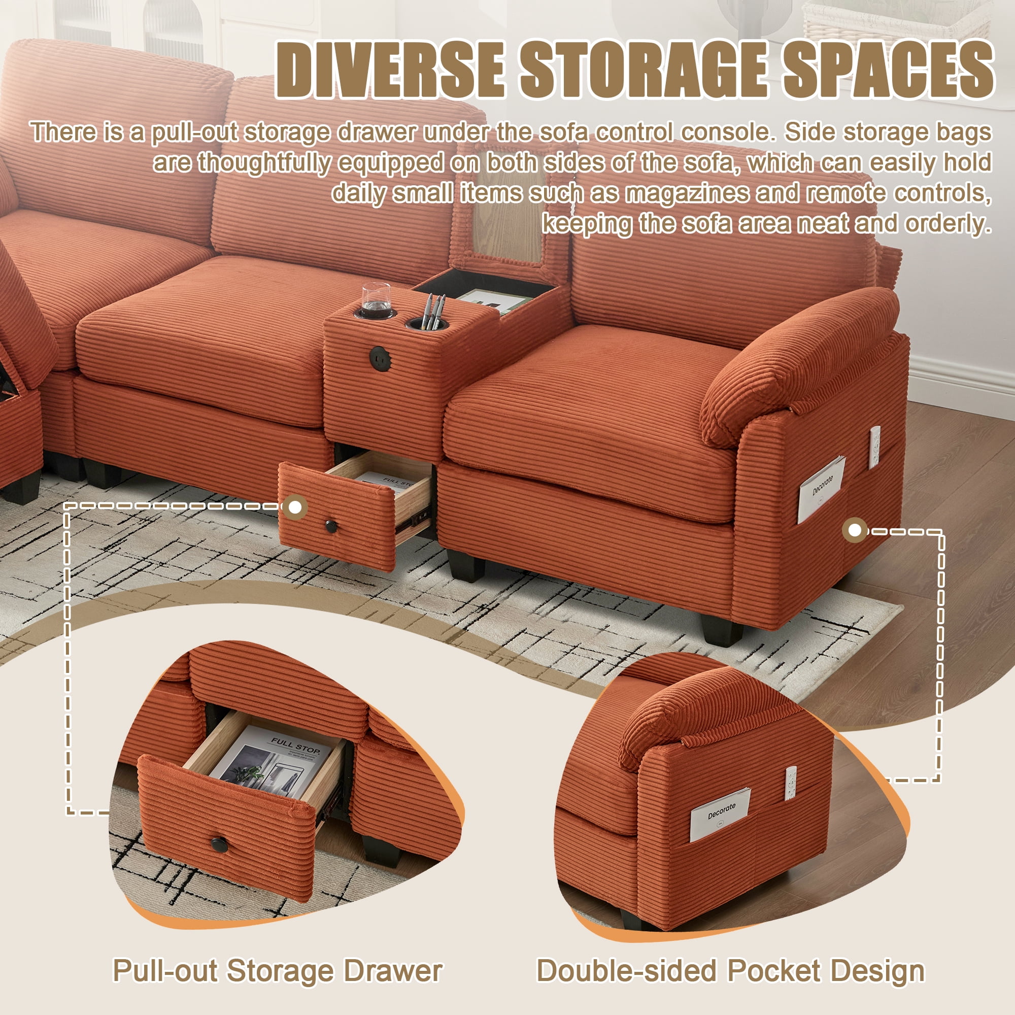 MOONMISS 105" L-Shaped Corduroy Modular Sectional Sofa with 1 Ottoman and Multi Functional Console, 3-Seater Upholstered Couch with USB and 2 Cup Holder, Easy Assembly, for Living Room,Orange