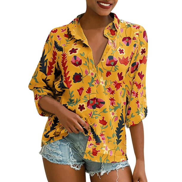 Sonducket Blusa informal con botones de manga larga y estampado de gasa para mujer Prendas para la parte del cuerpo Amarillo METRO