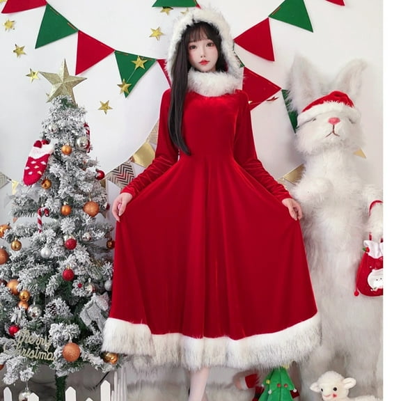 Women's Christmas Dress Long Sleeve Crewneck Xmas Party Outfits with Faux Fur Hood Red M