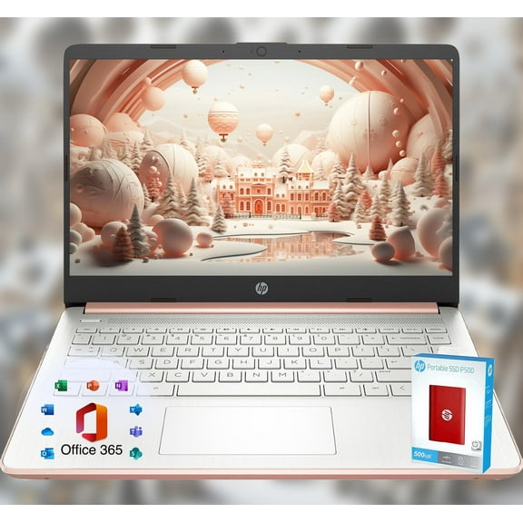 HP 14 Laptop * Back to School Limited Edition with Microsoft 365 * 4-Core Intel CPU * 4GB RAM *1600GB Storage (64GB OnBoard   512GB P500 Portable SSD   1TB OneDrive) * Rose Gold * Win 11