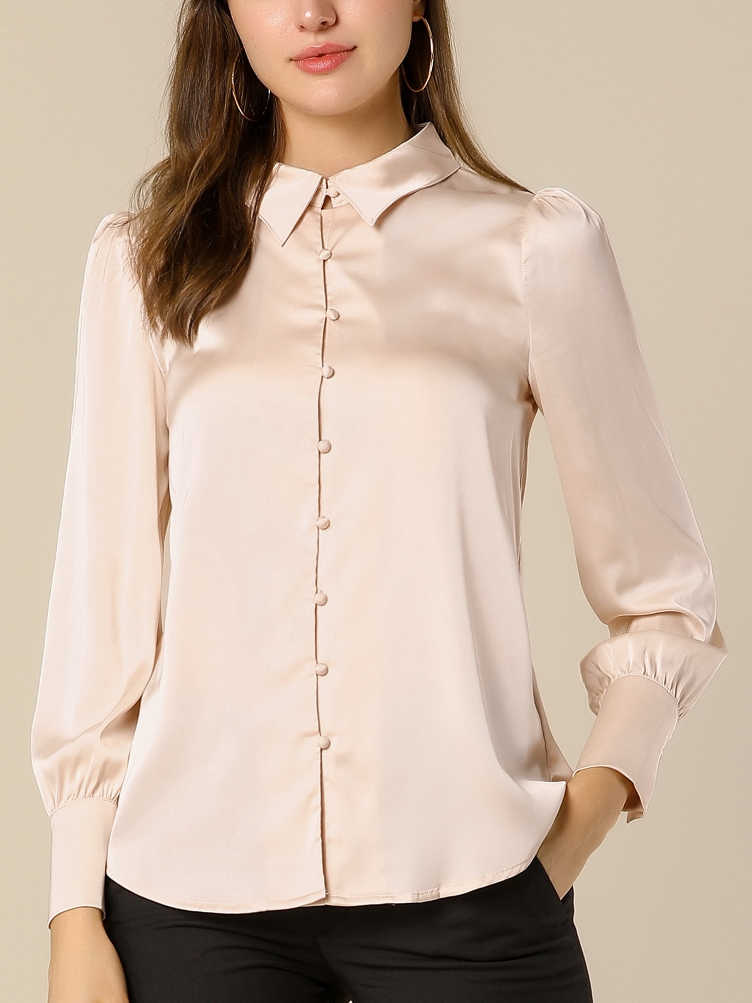 DARING DIVA Women's Satin Blouse Puff Long Sleeve Collared Button Down Shirt XS Apricot