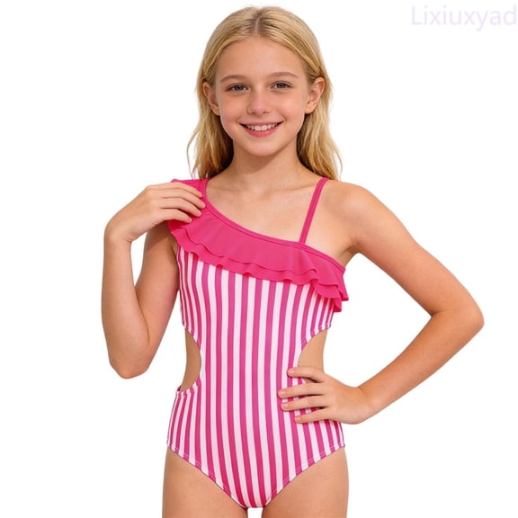 Lixiuxyad Girls Swimsuit Cutout Ruffle One Piece Bathing Suit One Shoulder Beach Swimwear with Adjustable Strap for Kids,Sizes 4-5 Years