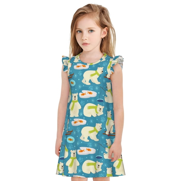 Balery Cute Polar Bear Fishing Camisón de princesa para niñas, pijama de algodón con mangas abullonadas, suave y bonito.-Large