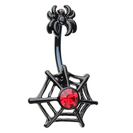 Black Button Spider Belly Button Ring Arachnid Spider Web Belly Button Ring Navel Ring 14 gauge 3/8'' bar ()