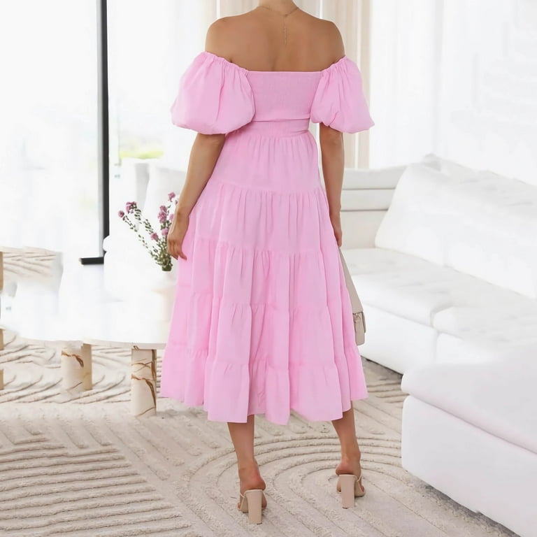 IDALL Summer Dresses Maxi Dresses Women S Summer Solid Color Puffy Sleeve Casual One Shoulder Layered Pleated Floaty Beach Boho Dress Long Dresses Modest Dresses Womens Dresses Pink Dress L Walmart ...