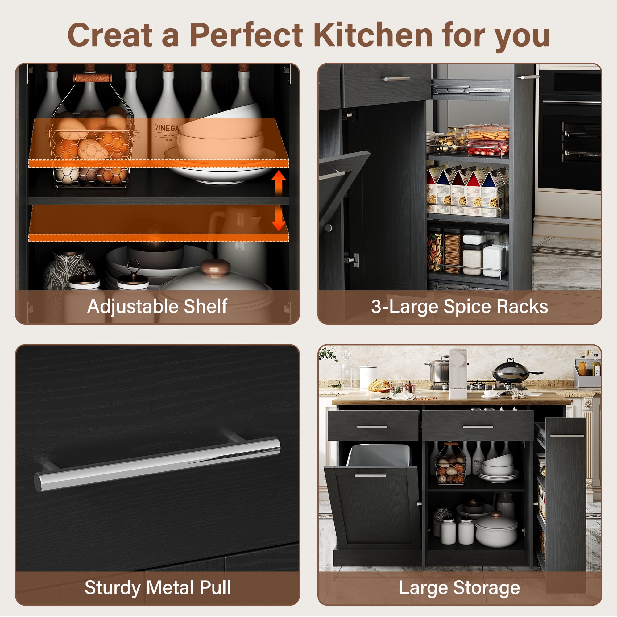 4 EVER WINNER Rolling Kitchen Island on Wheels, Mobile Kitchen Cart with Trash Can Storage, Spice Rack & Towel Rack, Kitchen Island Table with Storage, Easy-Move Kitchen Storage Island, Black