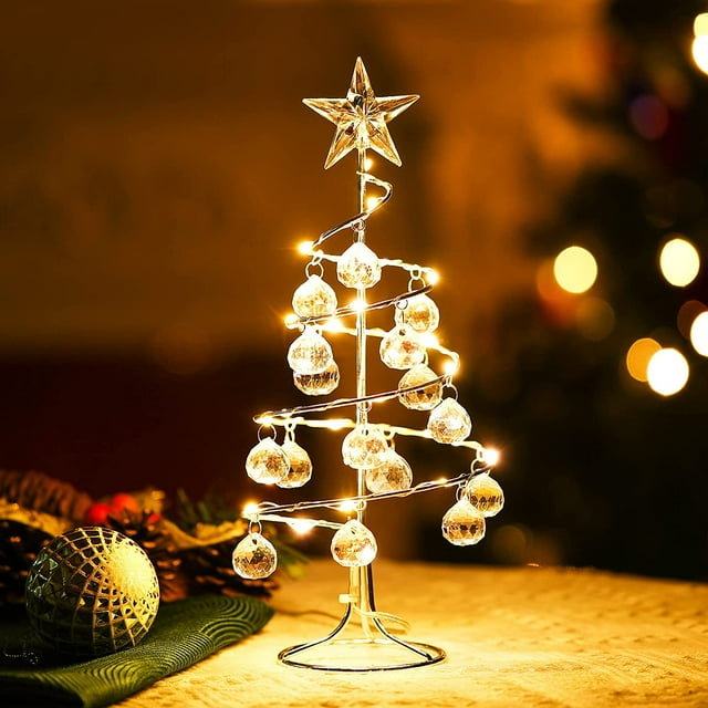 Lámpara de árbol de Navidad, árbol de Navidad en espiral de cristal con estrella brillante, luz de árbol de Navidad plateada de 10 pulgadas que funciona con pilas con soporte de metal para decoración