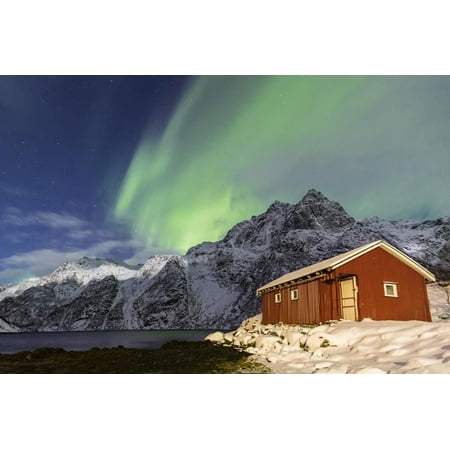 Northern Lights (Aurora Borealis) Illuminate Snowy Peaks and Wooden Cabin on a Starry Night Print Wall Art By Roberto
