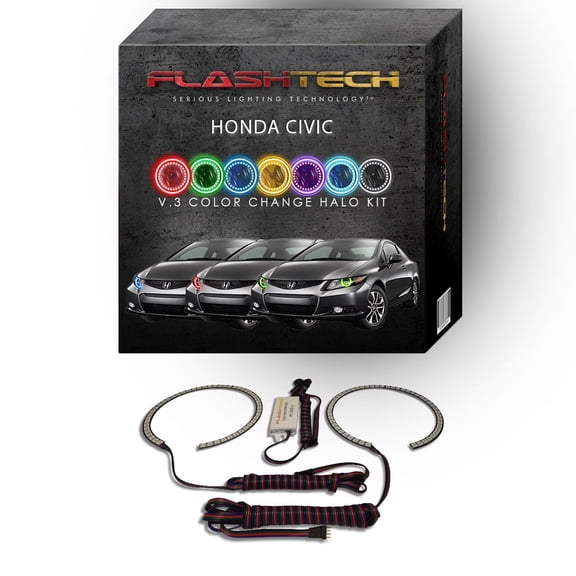 Flashtech RGB Multi Color Changing LED Halo Ring kit for 2012-2013 Honda Civic Headlights
