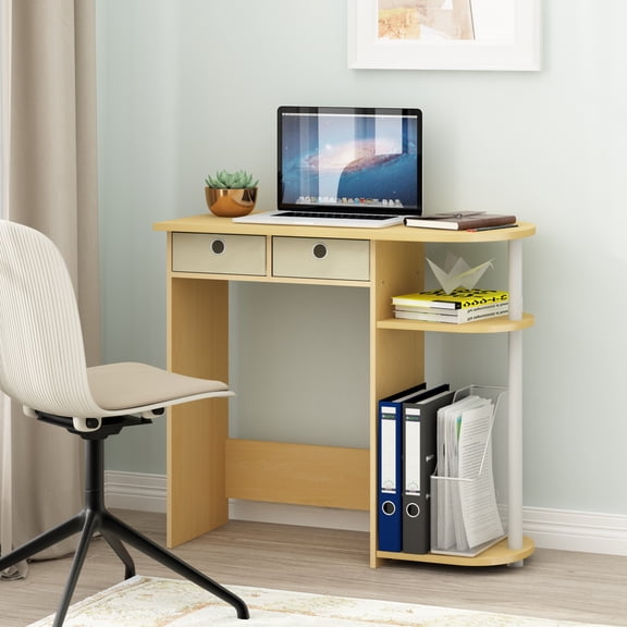 Furinno Go Green 32-Inch Oak Computer Desk, Office Desk with 2 Side Shelves and Storage Bins, Rectangular Home Office Desk, Gaming Desk for Home Office, Bedroom, Study Room, Light Beech