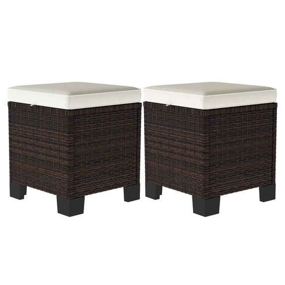 Wicker Outdoor Ottomans 2 Piece Set, Rattan Footrest Side Table Beige