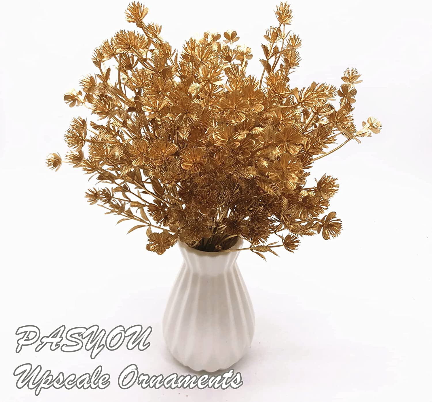 Morttic Artificial Golden Baby Breath Flowers, Plastic Fake Gypsophila Flower for Indoor Outdoor Christmas Wedding Home Party Table Arrangement Decoration DIY Planter Filler Gold Leaves Decor - 3 Pack