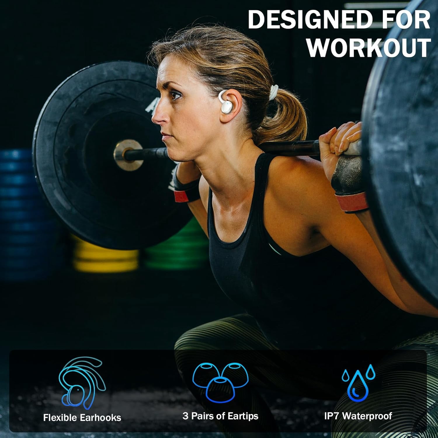 Wireless Earbuds Hi-Fi Bass Stereo 56H Noise Cancelling IPX7 Waterproof Sport Earphones with Earhook-White