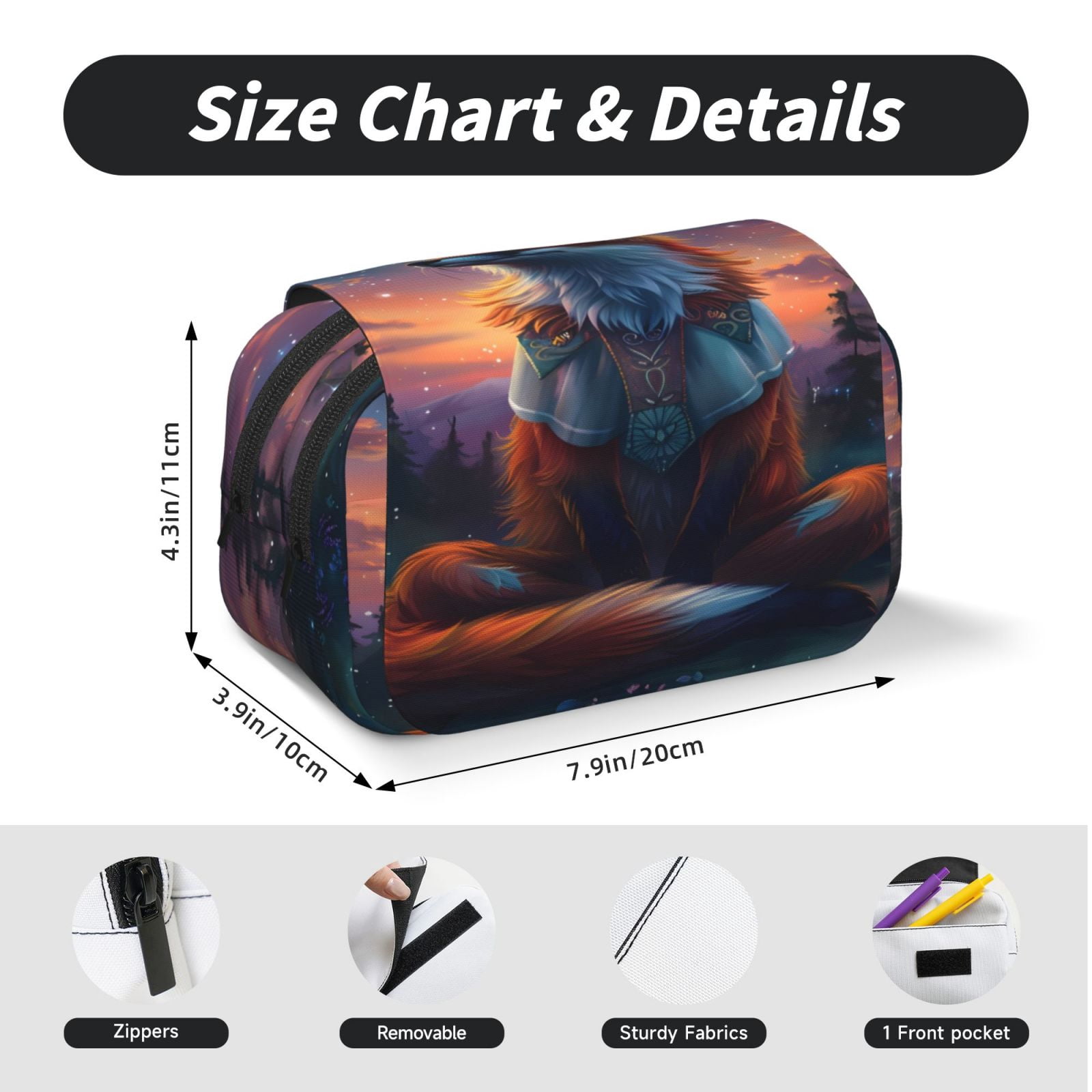Rateoe Starry Sky Meditating Fox Pattern Double Clamshell Pen Case, Storage Organizer with Two Zipper Compartments– Holds Up to 50 Pencils & Pens